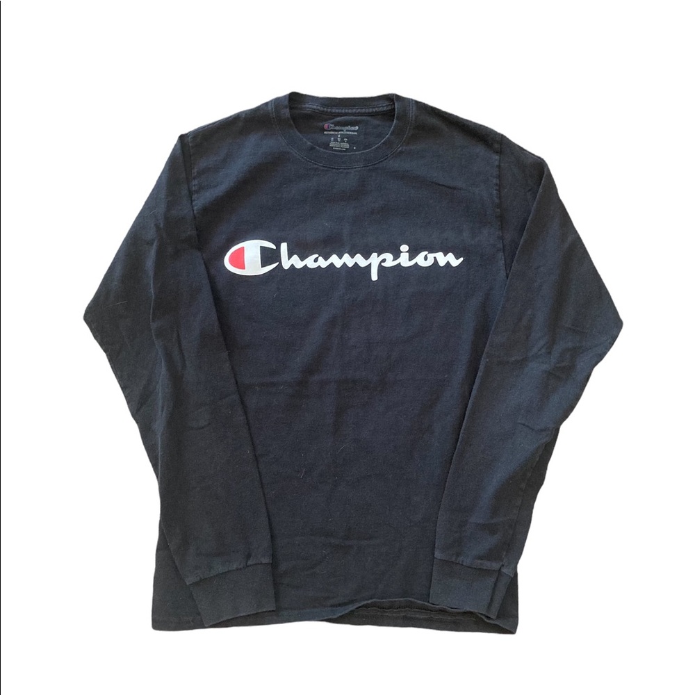 Champion T-Shirt Men's Small S Long Sleeve Authentic Athletic Graphic Black.